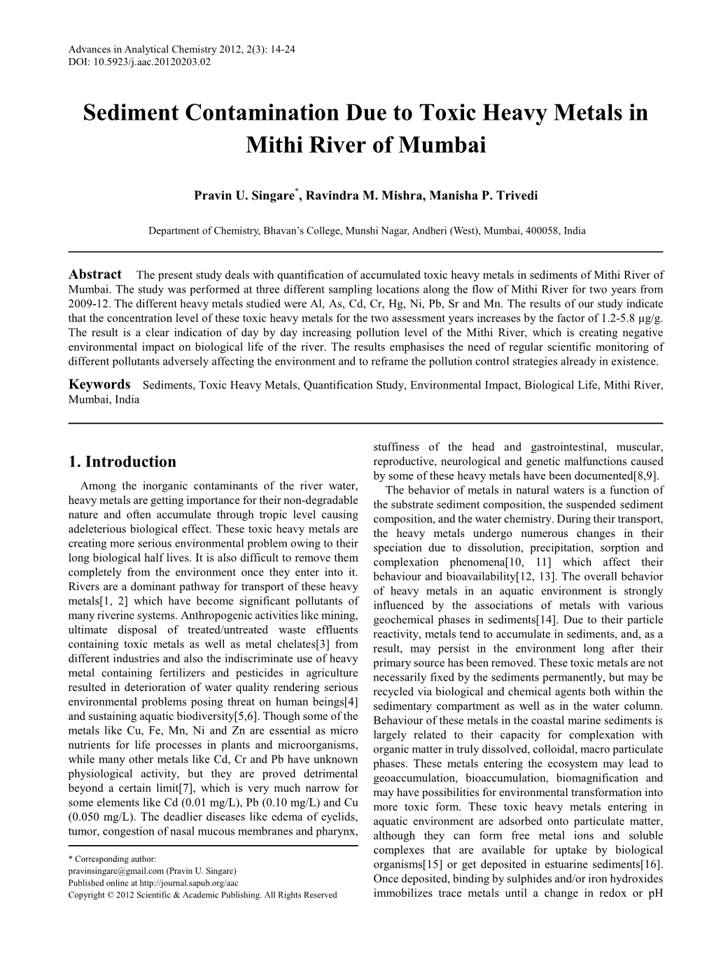 Sediments, Toxic Heavy Metals, Quantification Study, Environmental Impact, Biological Life, Mithi River, Mumbai, India