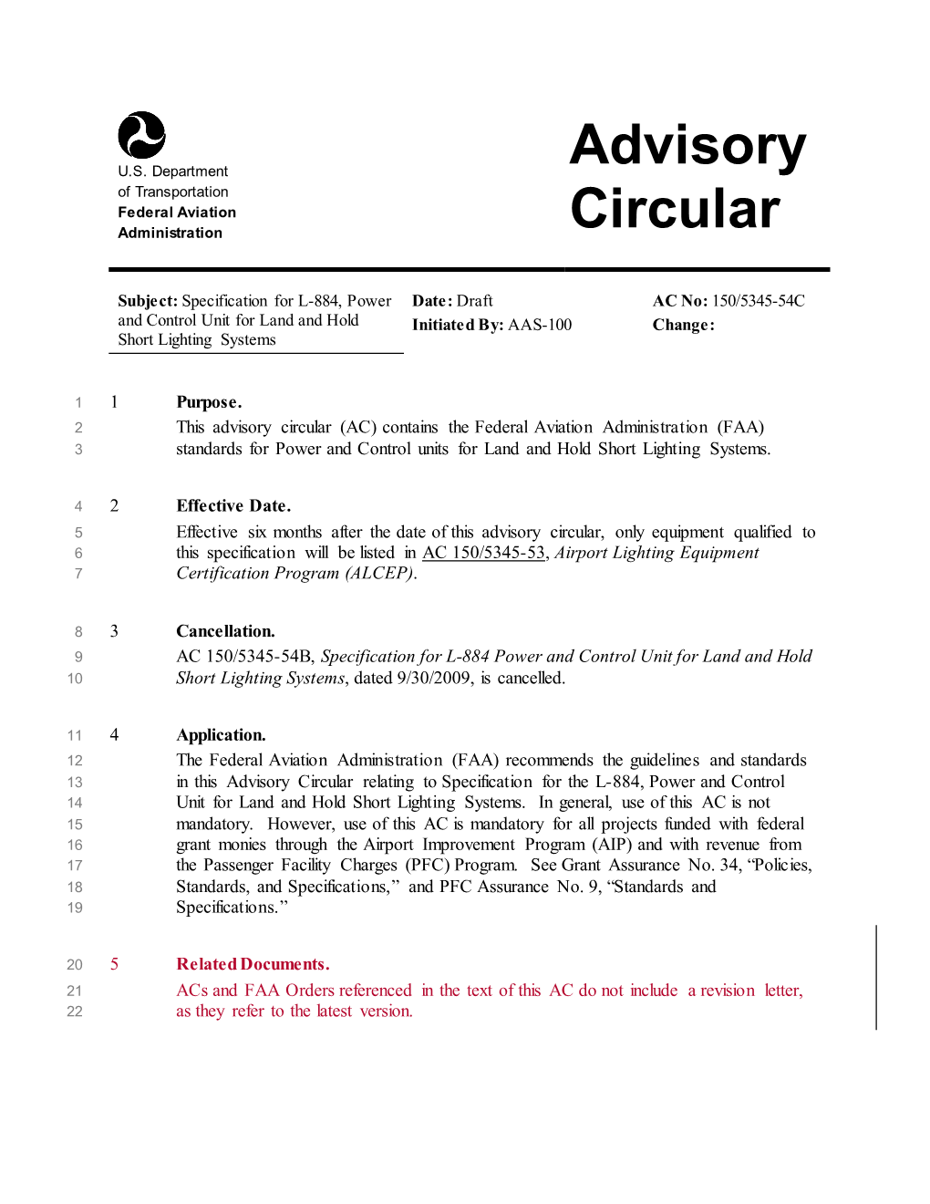 Draft AC 150/5345-54C, Specification for L-884, Power and Control Unit