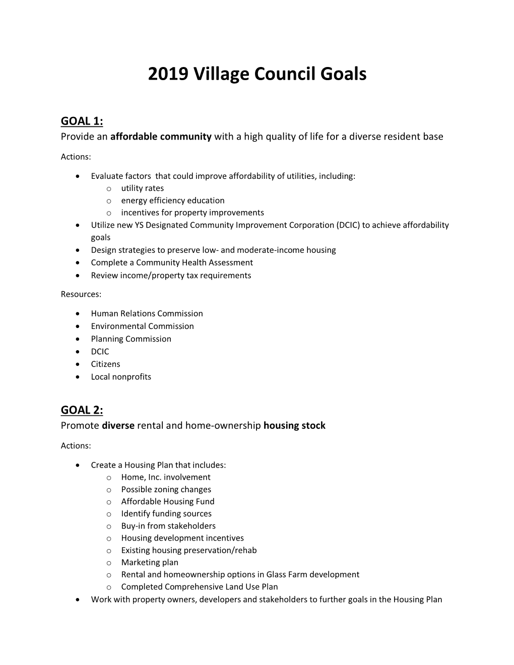 2019 Village Council Goals
