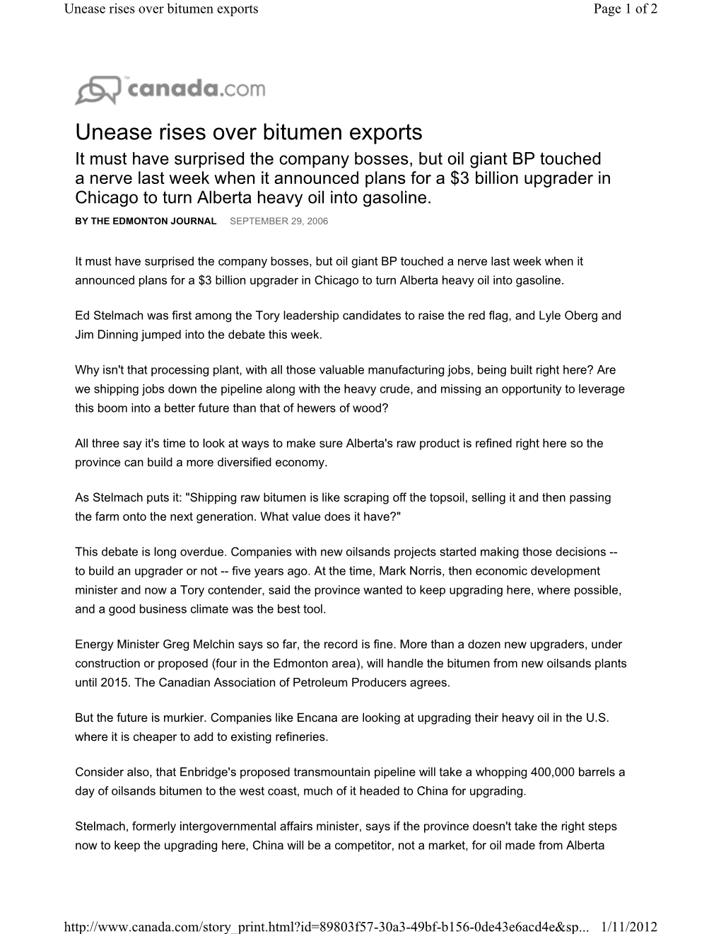 Unease Rises Over Bitumen Exports Page 1 of 2