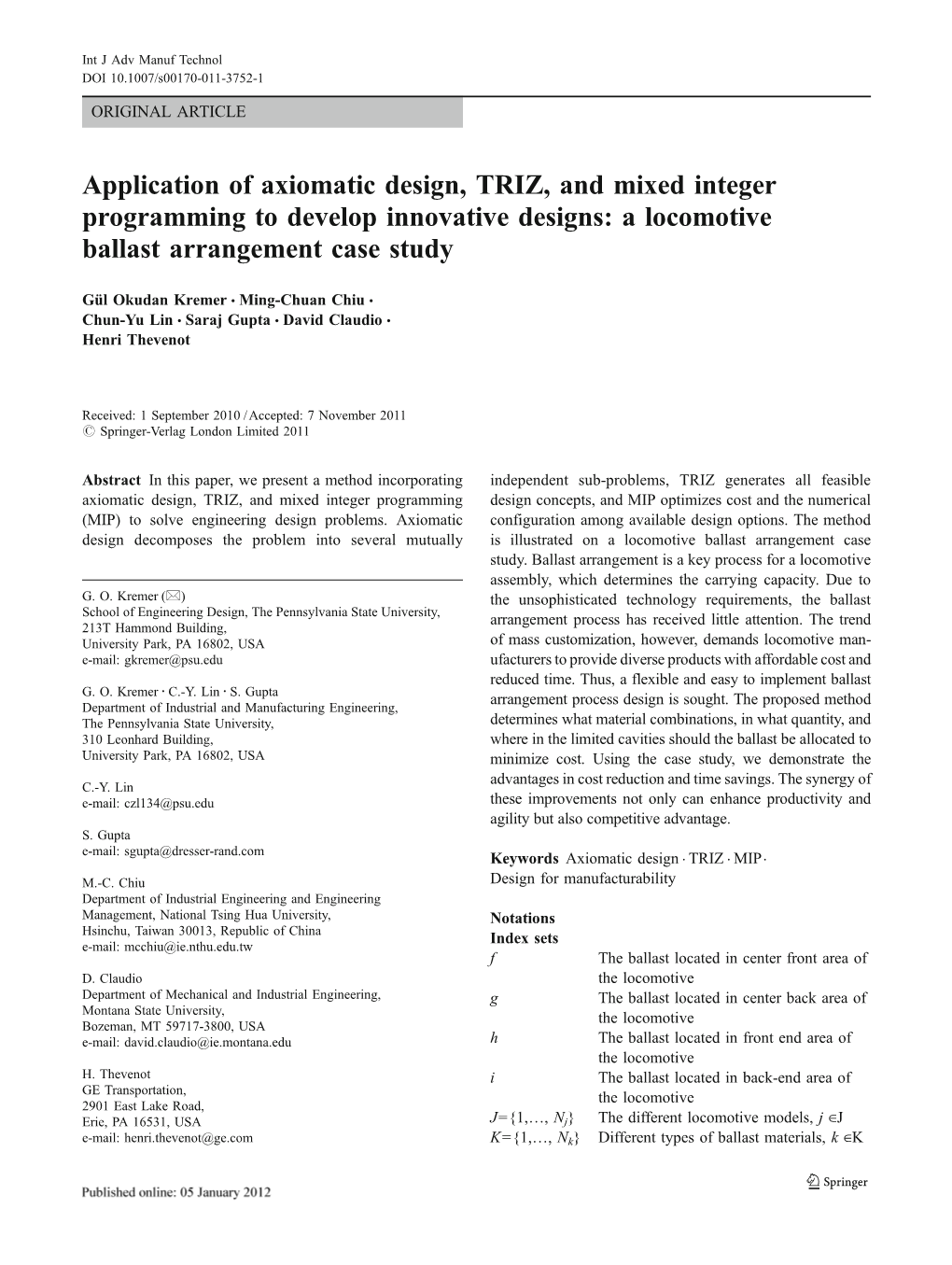 Application of Axiomatic Design, TRIZ, and Mixed Integer Programming to Develop Innovative Designs: a Locomotive Ballast Arrangement Case Study