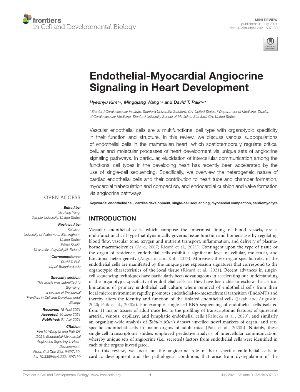 Endothelial-Myocardial Angiocrine Signaling in Heart Development