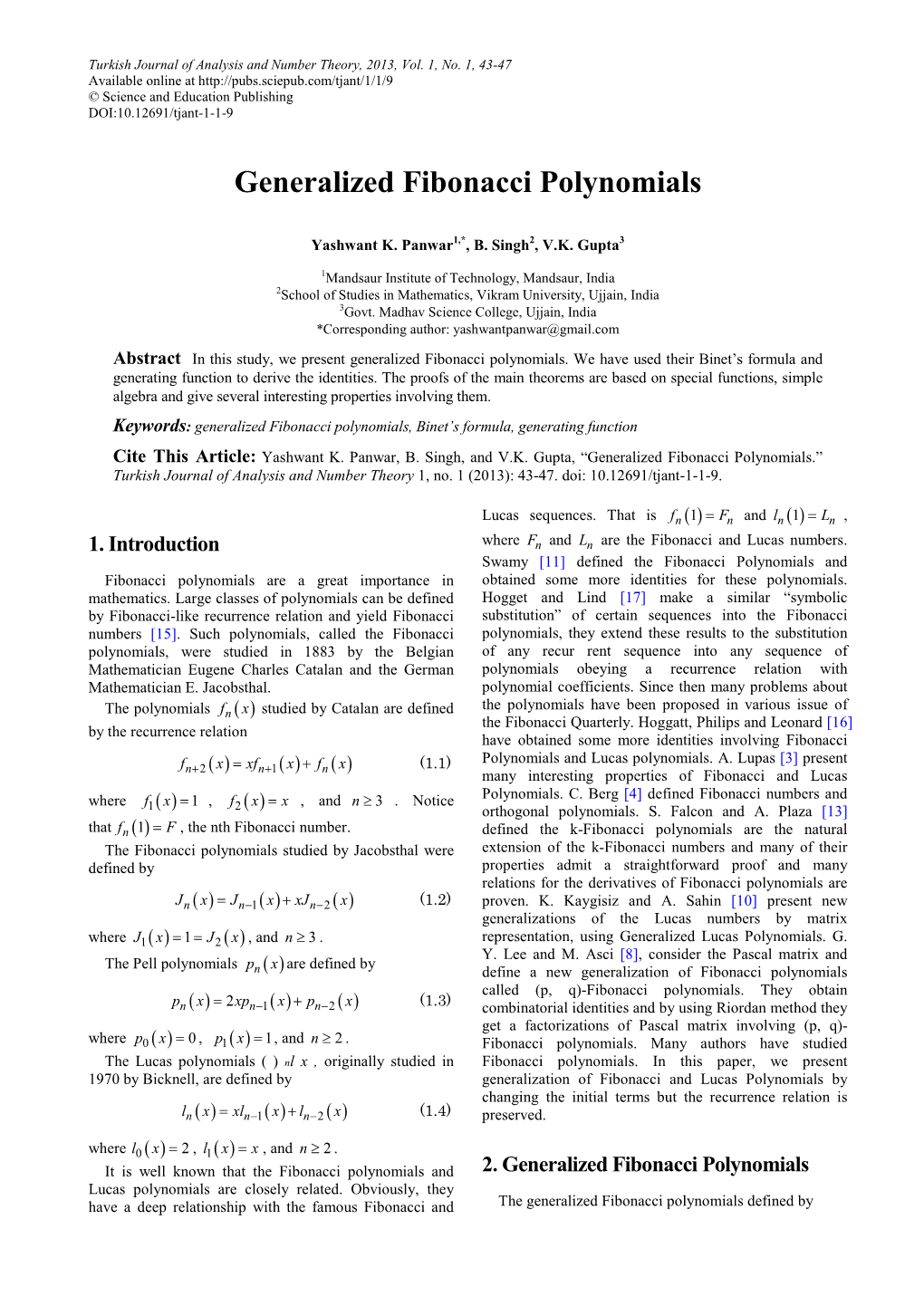 Generalized Fibonacci Polynomials