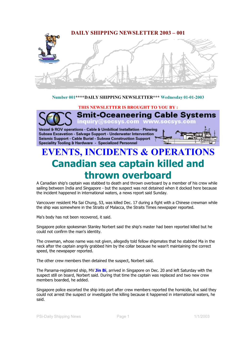 EVENTS, INCIDENTS & OPERATIONS Canadian Sea Captain Killed