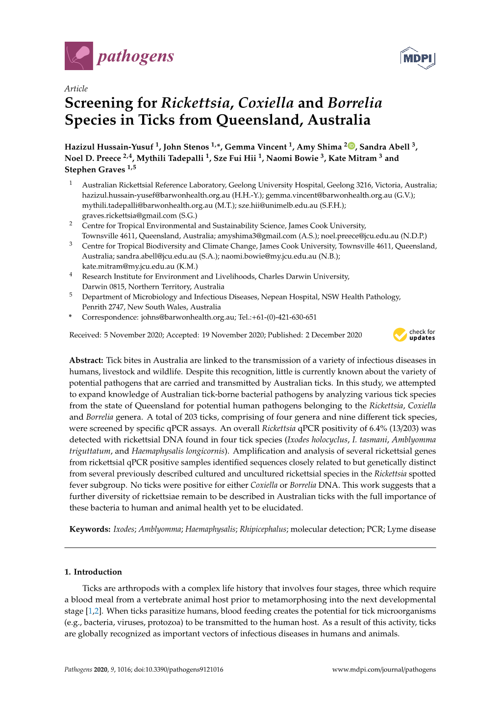 Screening for Rickettsia, Coxiella and Borrelia Species in Ticks from Queensland, Australia