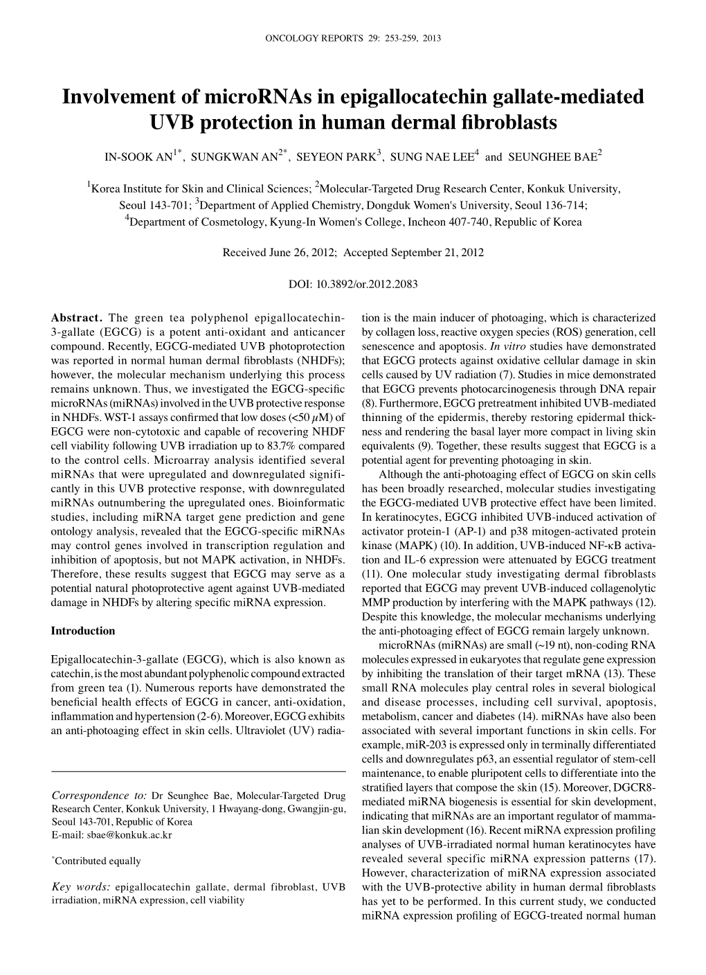 Involvement of Micrornas in Epigallocatechin Gallate-Mediated UVB Protection in Human Dermal Fibroblasts