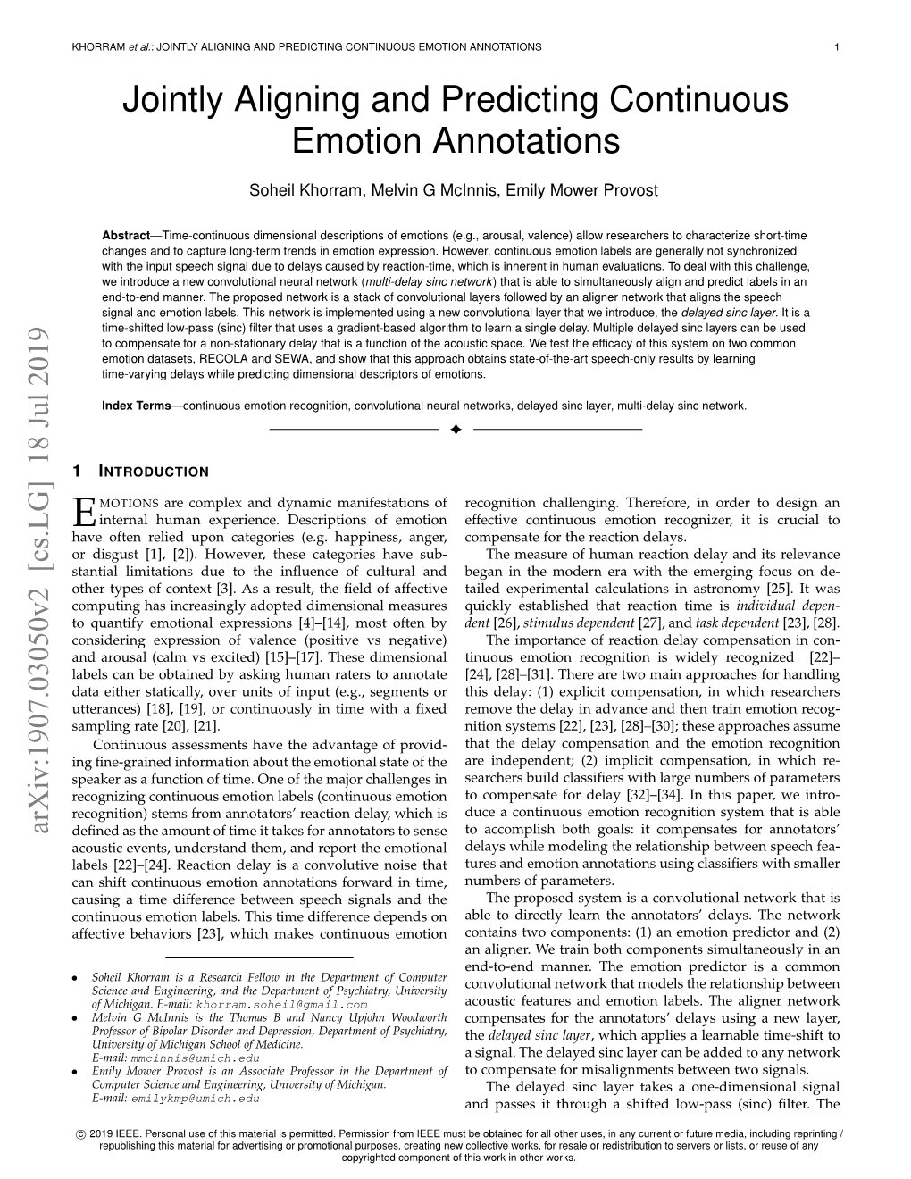 JOINTLY ALIGNING and PREDICTING CONTINUOUS EMOTION ANNOTATIONS 1 Jointly Aligning and Predicting Continuous Emotion Annotations