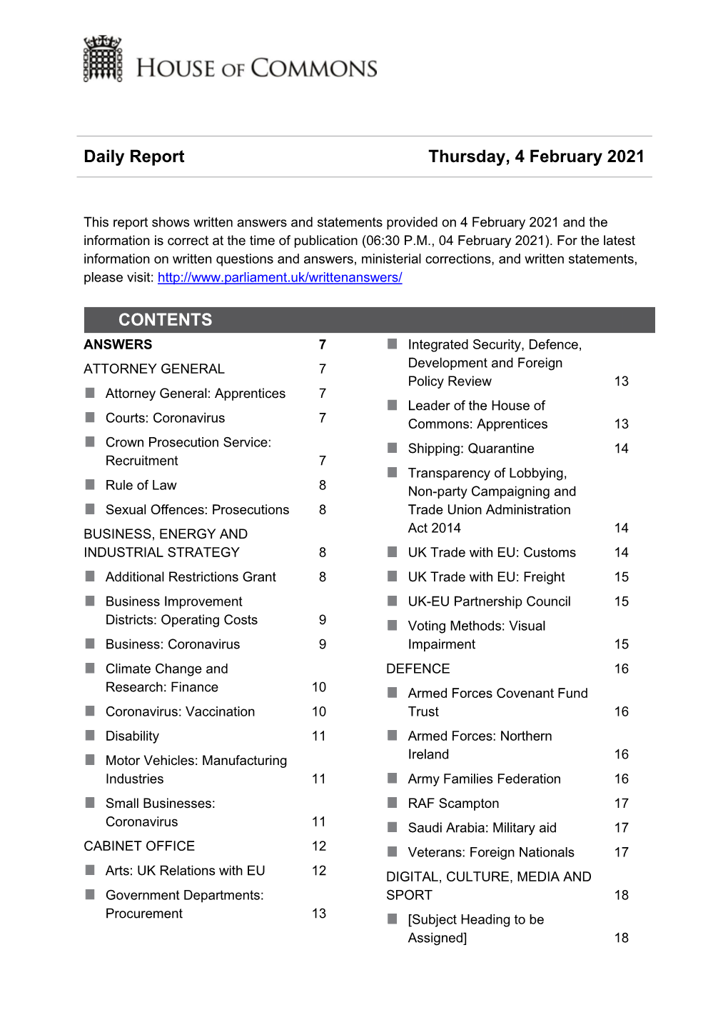 Daily Report Thursday, 4 February 2021 CONTENTS