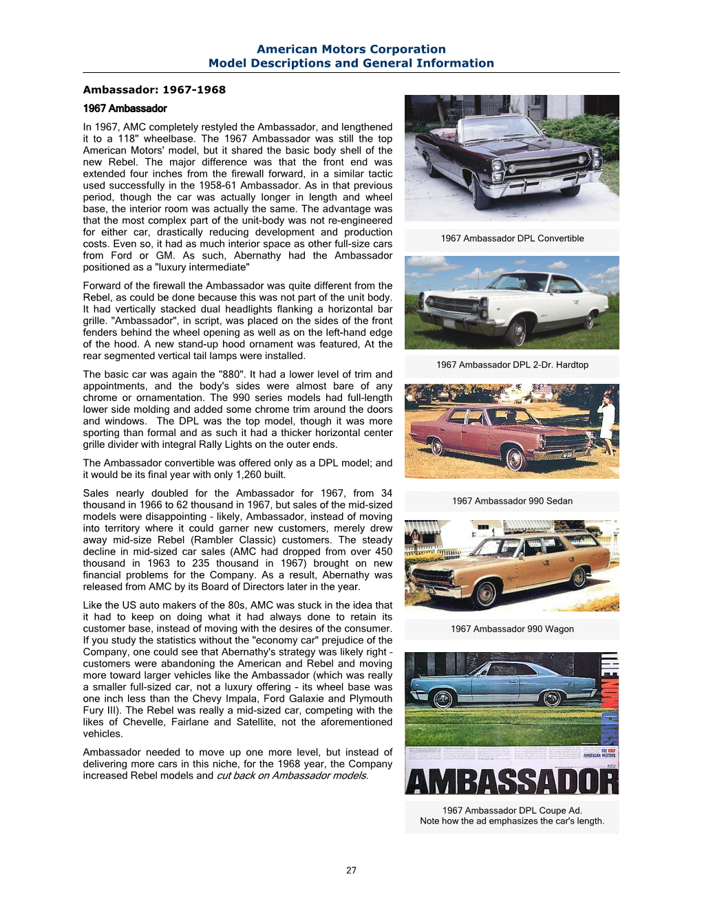 American Motors Corporation Model Descriptions and General Information