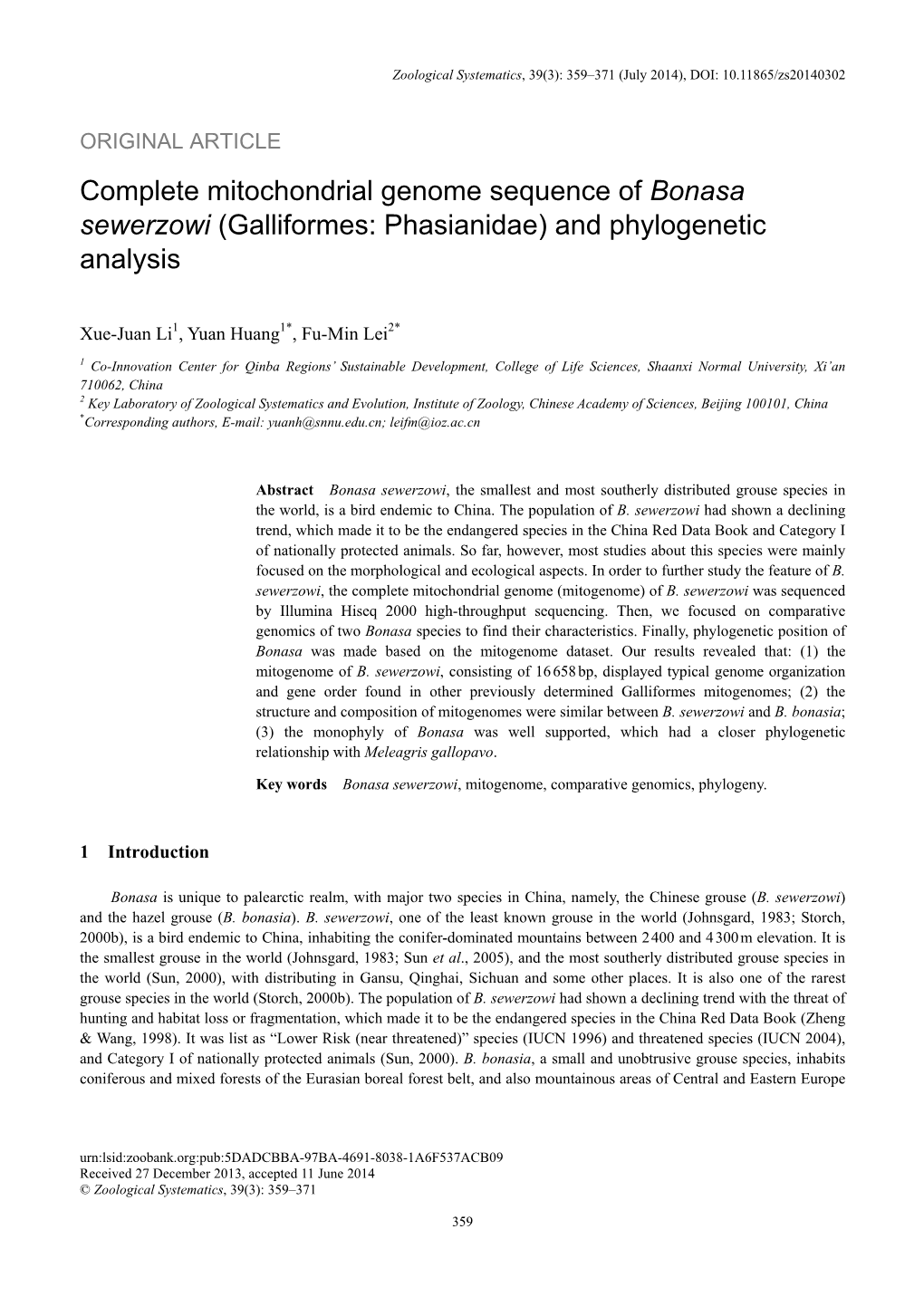 Complete Mitochondrial Genome Sequence of Bonasa Sewerzowi (Galliformes: Phasianidae) and Phylogenetic Analysis