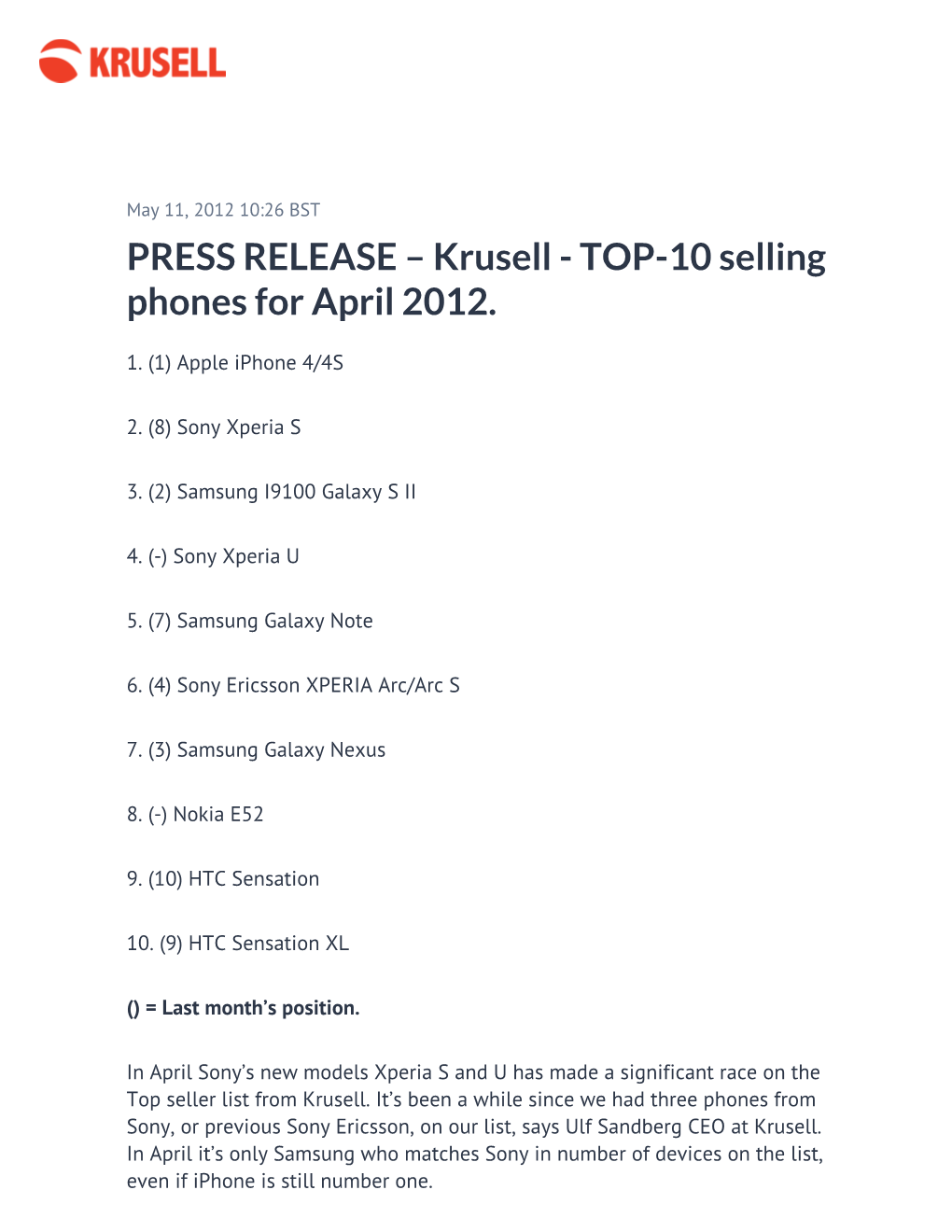 PRESS RELEASE – Krusell - TOP-10 Selling Phones for April 2012