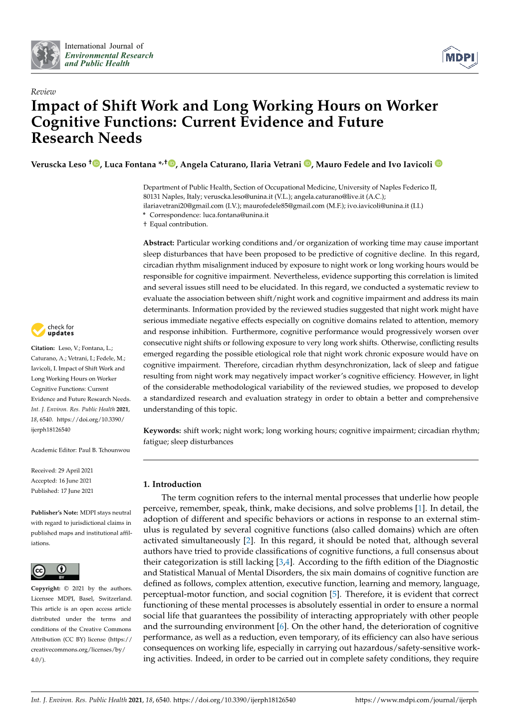 Impact of Shift Work and Long Working Hours on Worker Cognitive Functions: Current Evidence and Future Research Needs