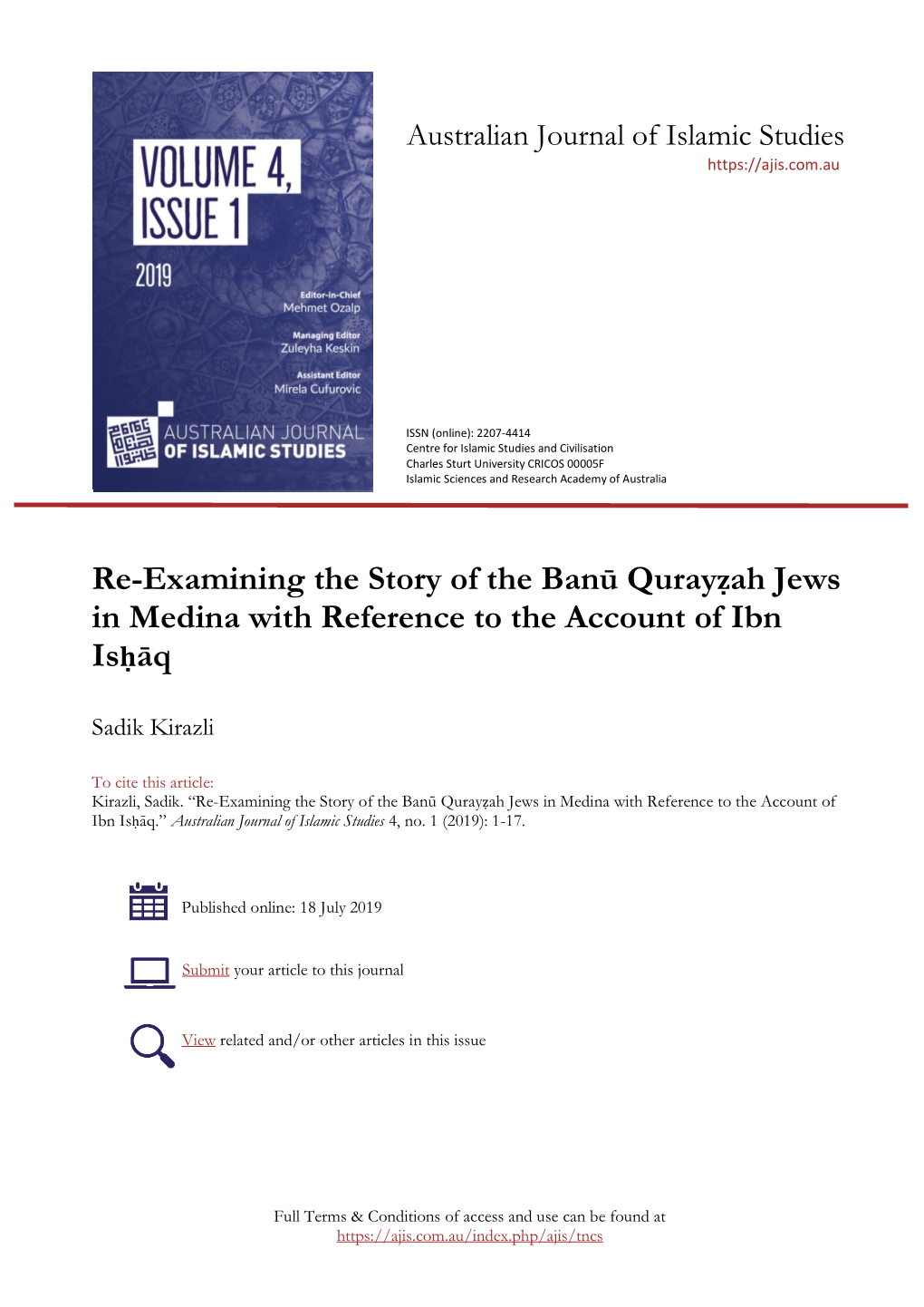 Re-Examining the Story of the Banū Qurayẓah Jews in Medina with Reference to the Account of Ibn Isḥāq