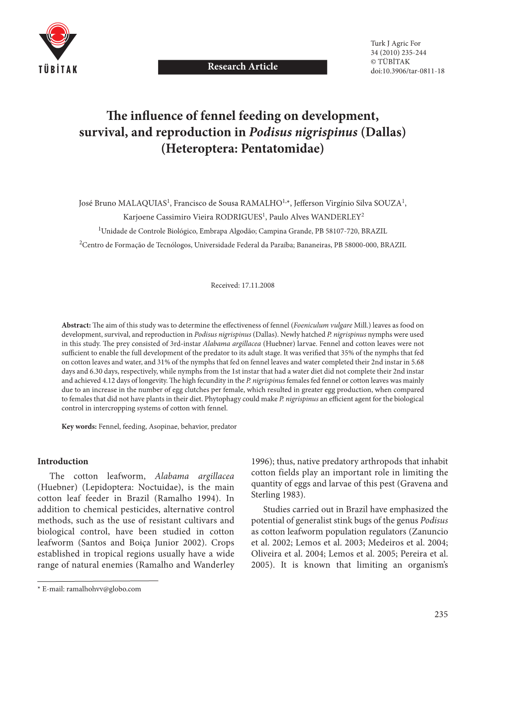 The Influence of Fennel Feeding on Development, Survival, and Reproduction in Podisus Nigrispinus (Dallas) (Heteroptera: Pentatomidae)