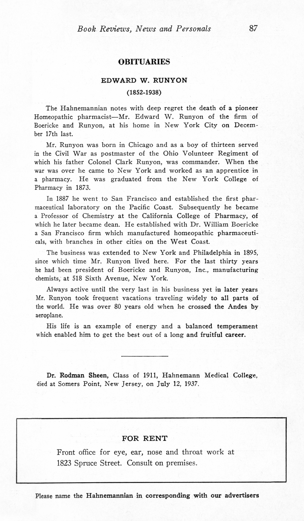 Obituary, Edward W. Runyon