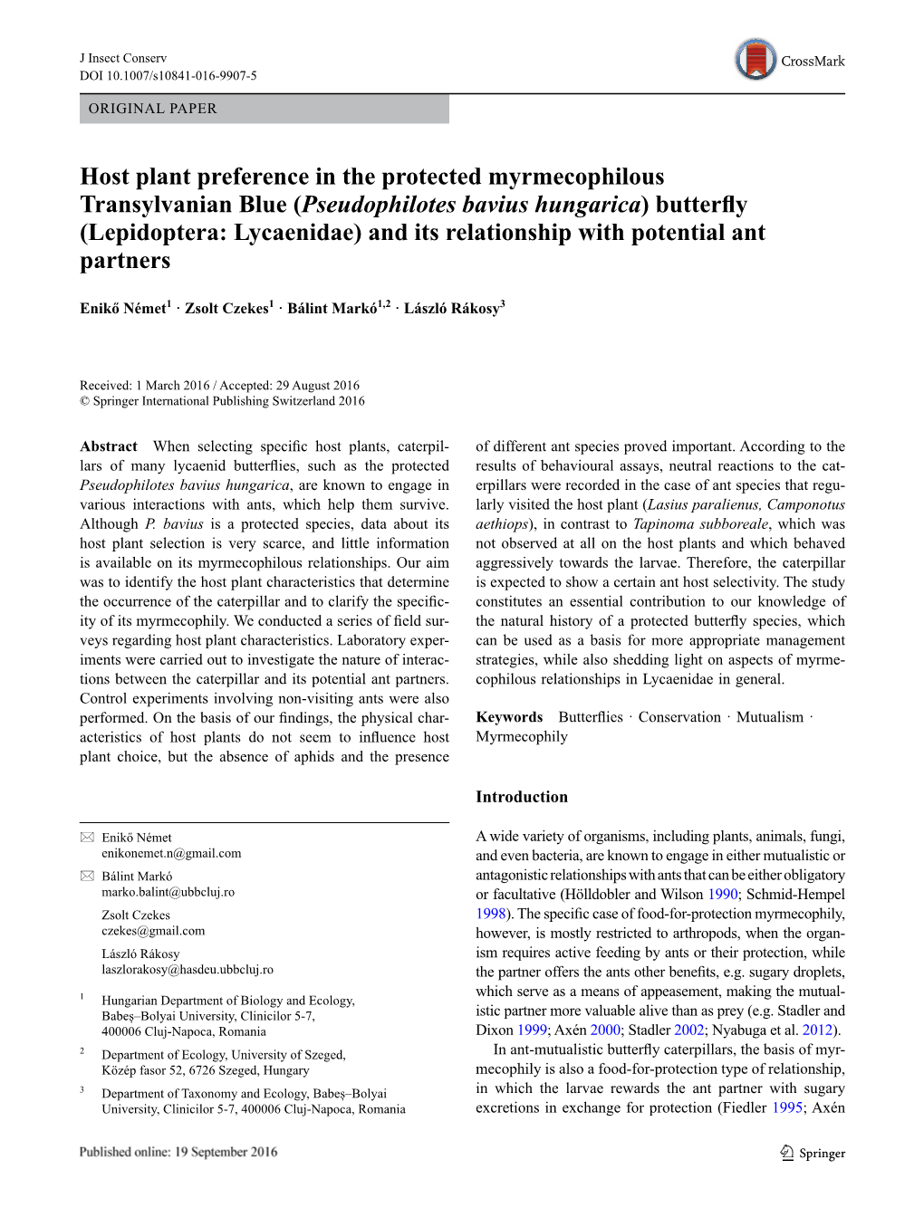 ﻿Host Plant Preference in the Protected Myrmecophilous Transylvanian Blue (﻿Pseudophilotes Bavius Hungarica﻿) Butterfly (L