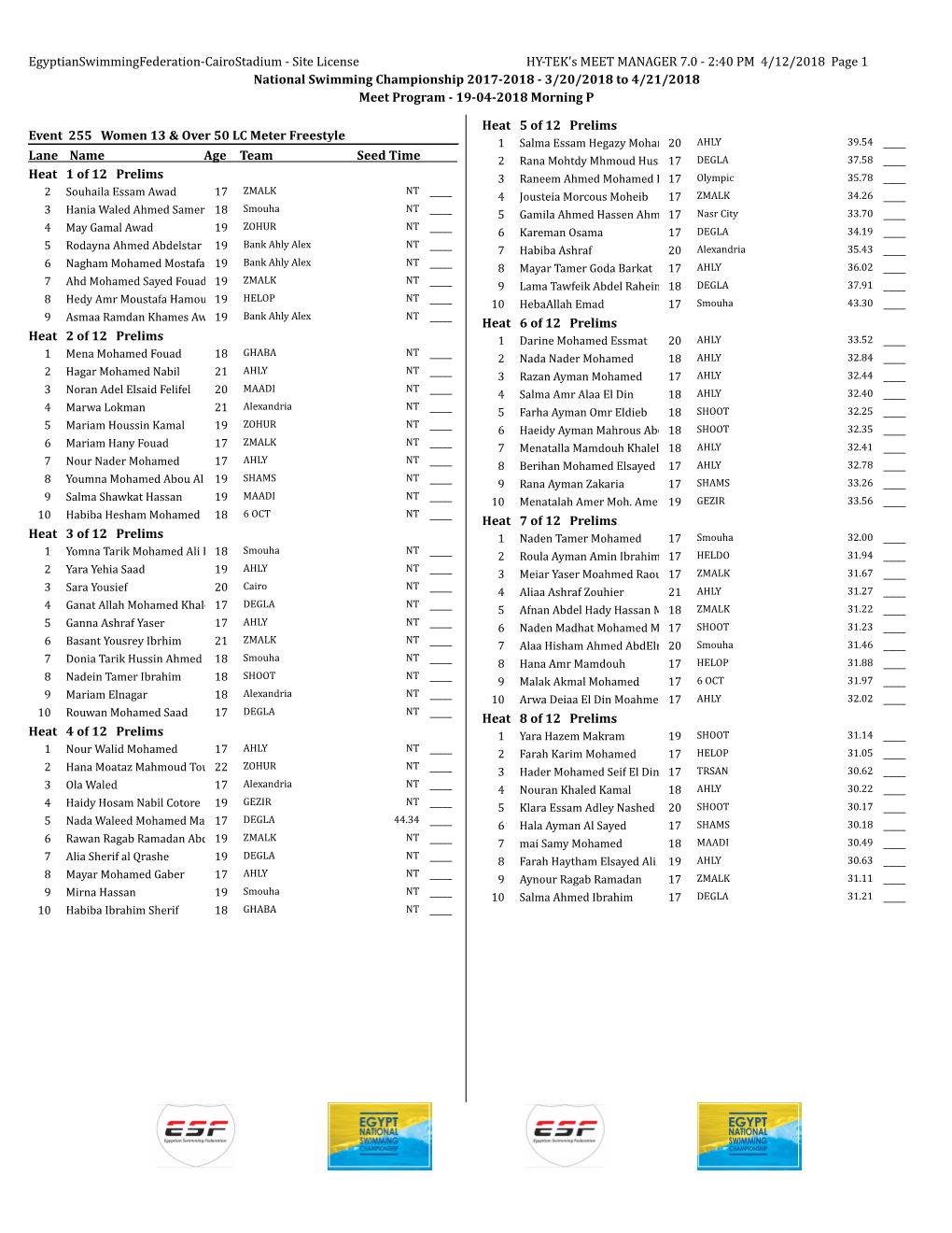 2:40 PM 4/12/2018 Page 1 National Swimming Championship 2017-2018 - 3/20/2018 to 4/21/2018 Meet Program - 19-04-2018 Morning P