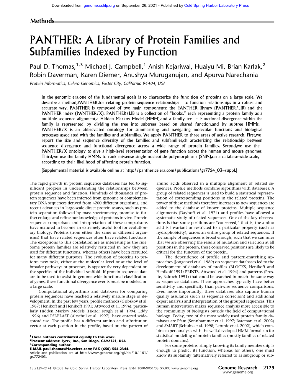 A Library of Protein Families and Subfamilies Indexed by Function Paul D