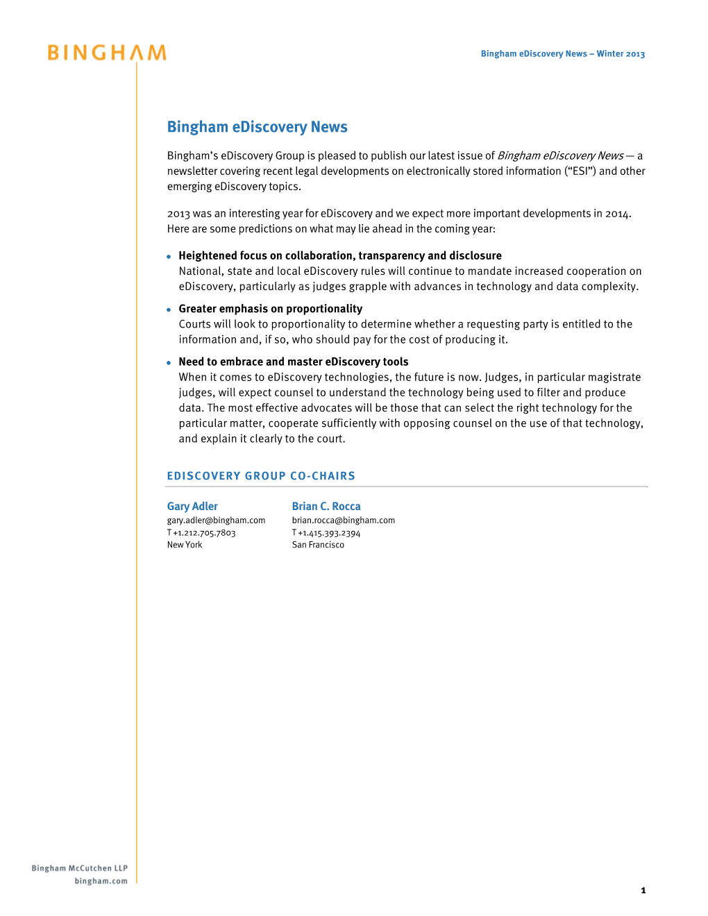 Bingham Ediscovery News – Winter 2013