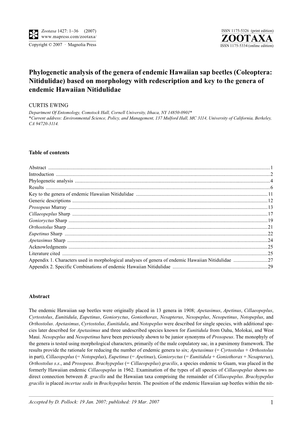 Zootaxa, Phylogenetic Analysis of the Genera of Endemic Hawaiian Sap