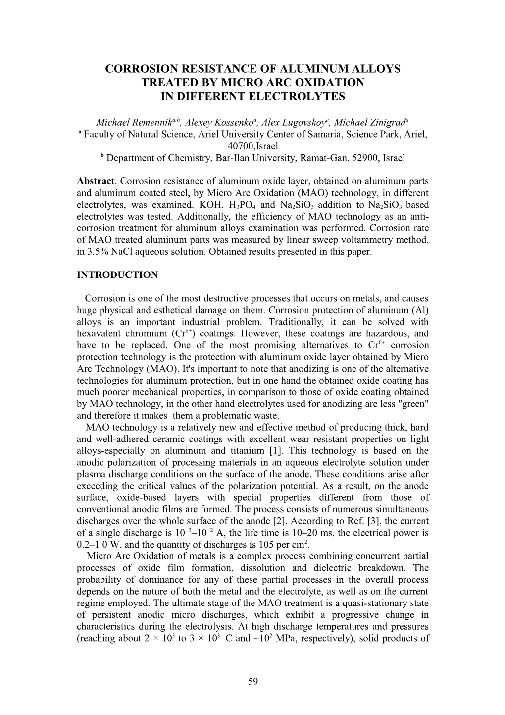 Corrosion Resistance of Aluminum Alloys Treated by Micro Arc Oxidation