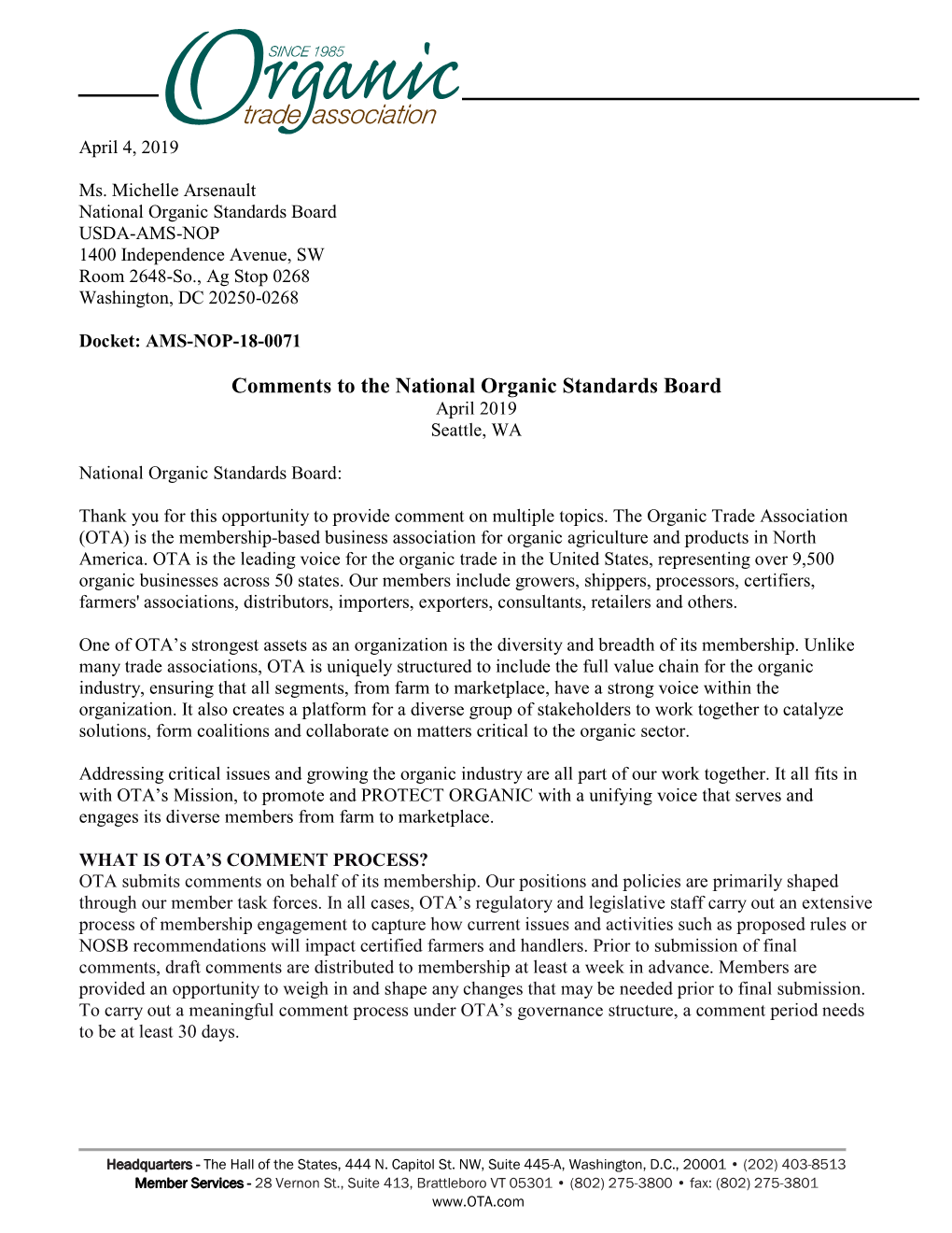 Comments to the National Organic Standards Board April 2019 Seattle, WA