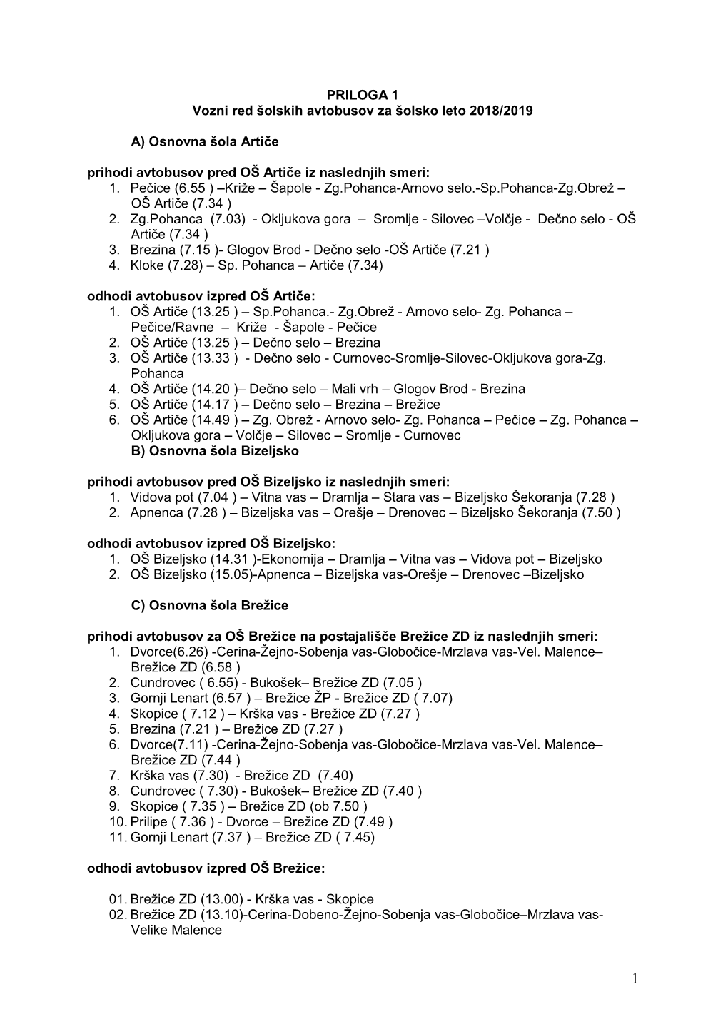 PRILOGA 1 Vozni Red Šolskih Avtobusov Za Šolsko Leto 2018/2019 A) Osnovna Šola Artiče Prihodi Avtobusov Pred OŠ Artiče Iz