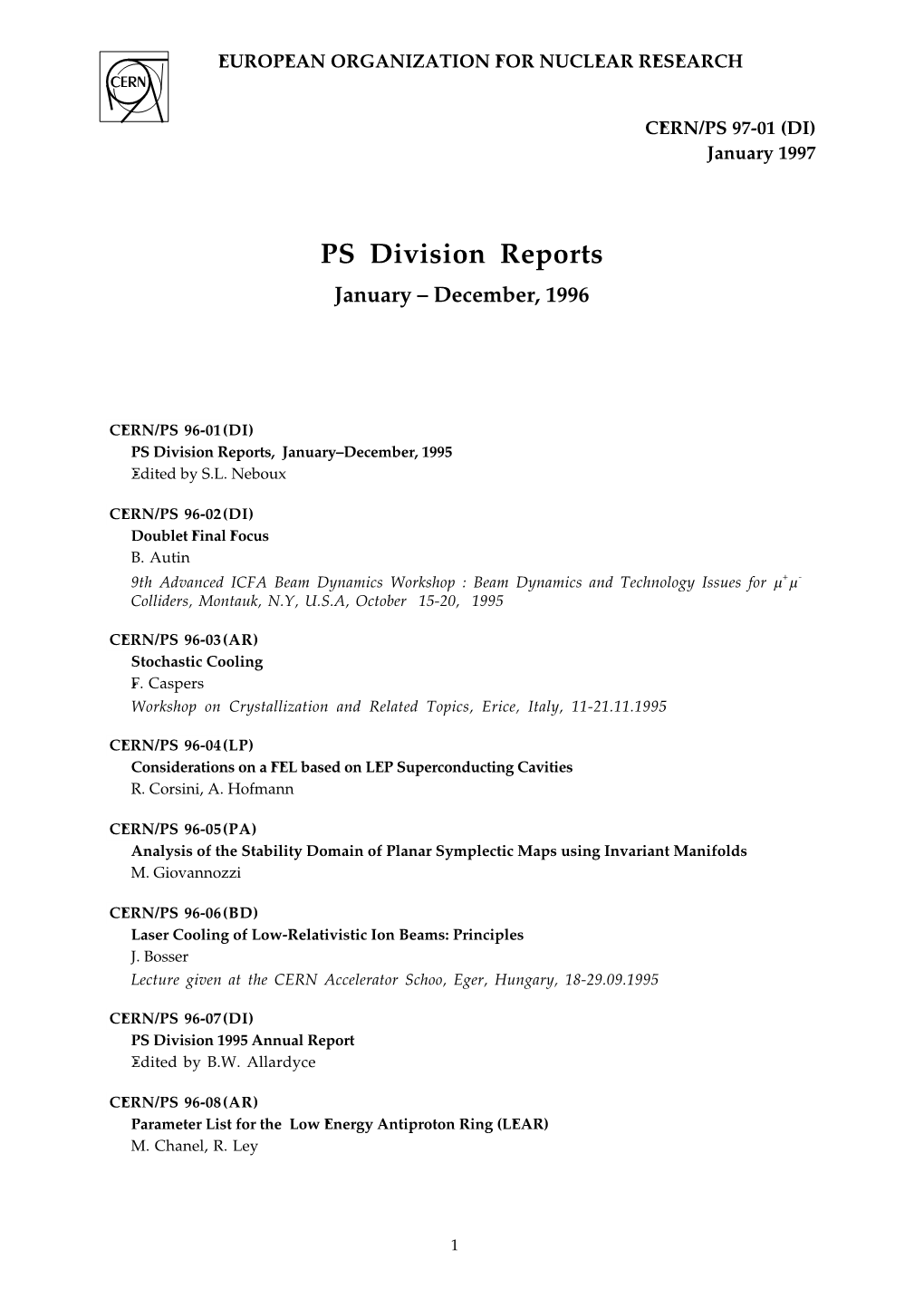 PS Division Reports January – December, 1996