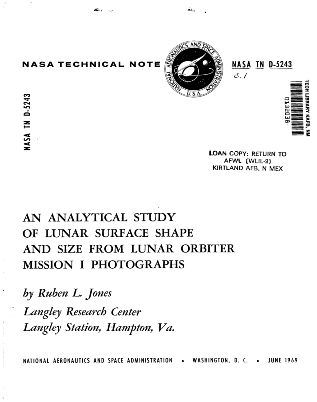 An Analytical Study of Lunar Surface Shape and Size from Lunar Orbiter Mission I Photographs