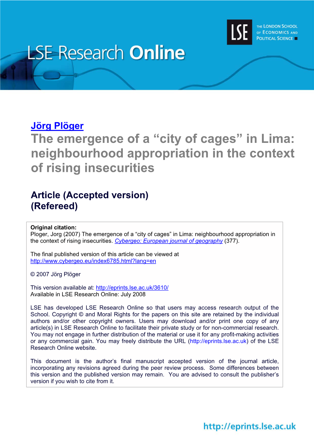 “City of Cages” in Lima: Neighbourhood Appropriation in the Context of Rising Insecurities