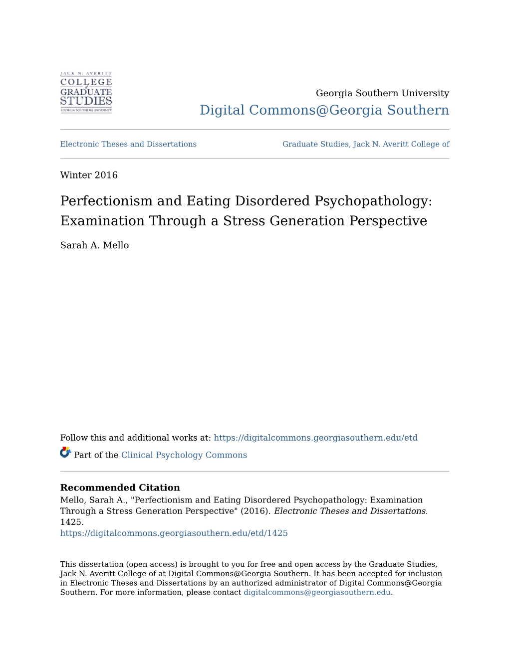 Perfectionism and Eating Disordered Psychopathology: Examination Through a Stress Generation Perspective