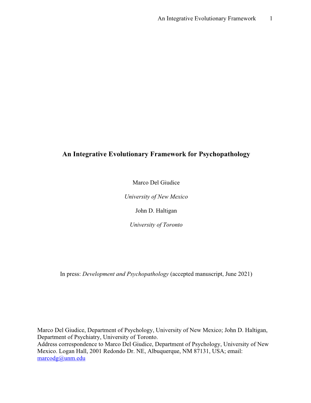 An Integrative Evolutionary Framework for Psychopathology