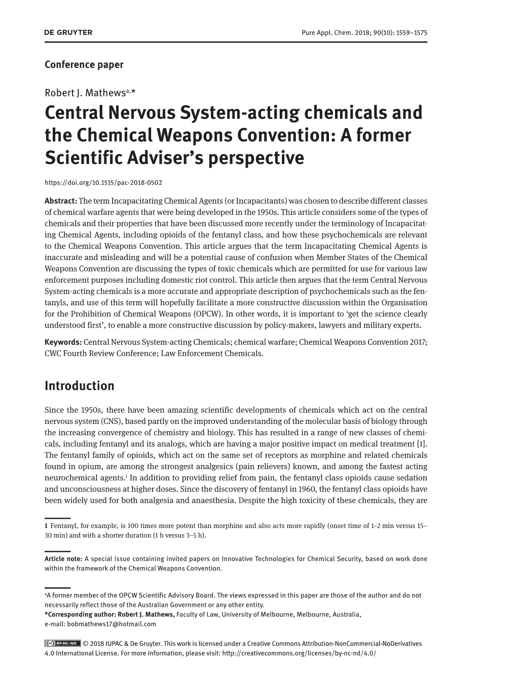 Central Nervous System-Acting Chemicals and the Chemical Weapons Convention: a Former Scientific Adviser’S Perspective