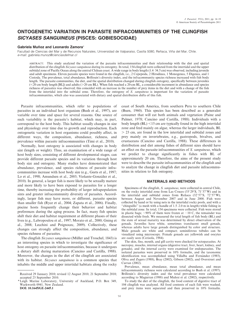 Ontogenetic Variation in Parasite Infracommunities of the Clingfish Sicyases Sanguineus (Pisces: Gobiesocidae)