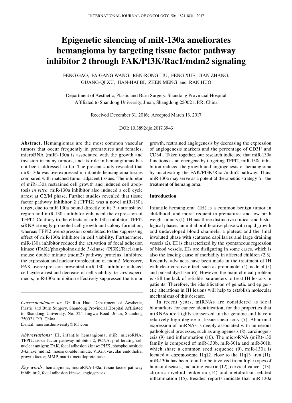 Epigenetic Silencing of Mir-130A Ameliorates Hemangioma by Targeting Tissue Factor Pathway Inhibitor 2 Through FAK/PI3K/Rac1/Mdm2 Signaling