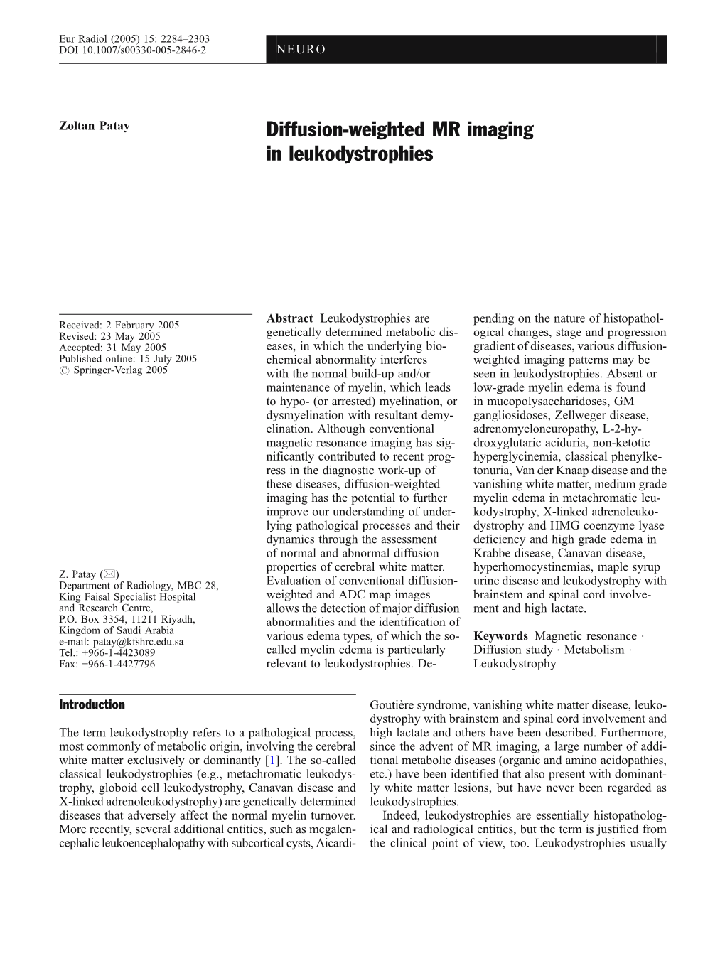 Diffusion-Weighted MR Imaging in Leukodystrophies