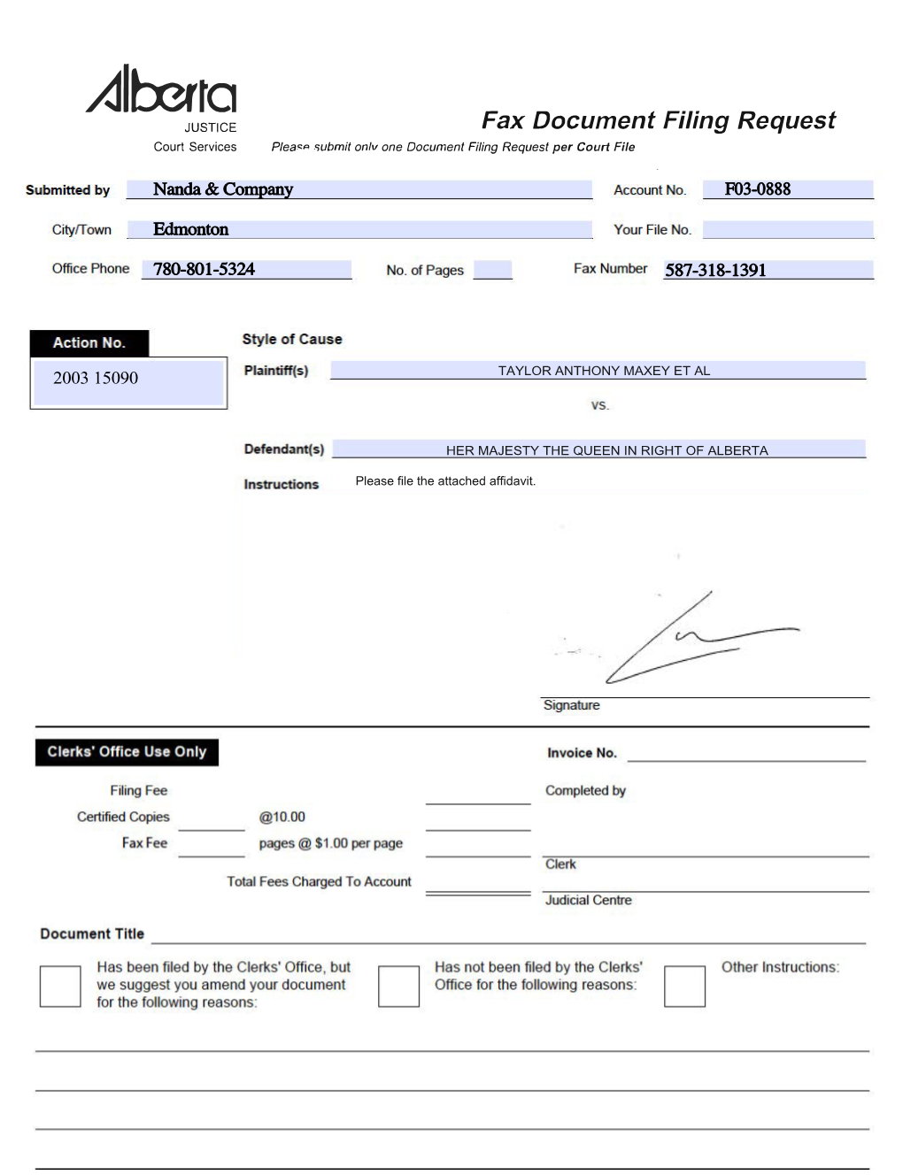 Aioot'ta JUSTICE Fax Document Filing Request Court Services Plea"'"' '>Ubmit Onlv One Document Filing Request Per Court File