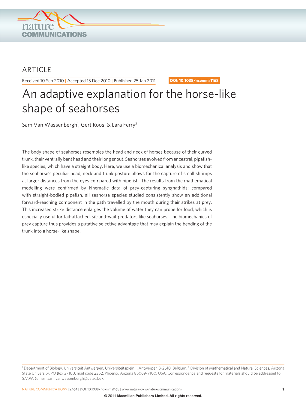 An Adaptive Explanation for the Horse-Like Shape of Seahorses