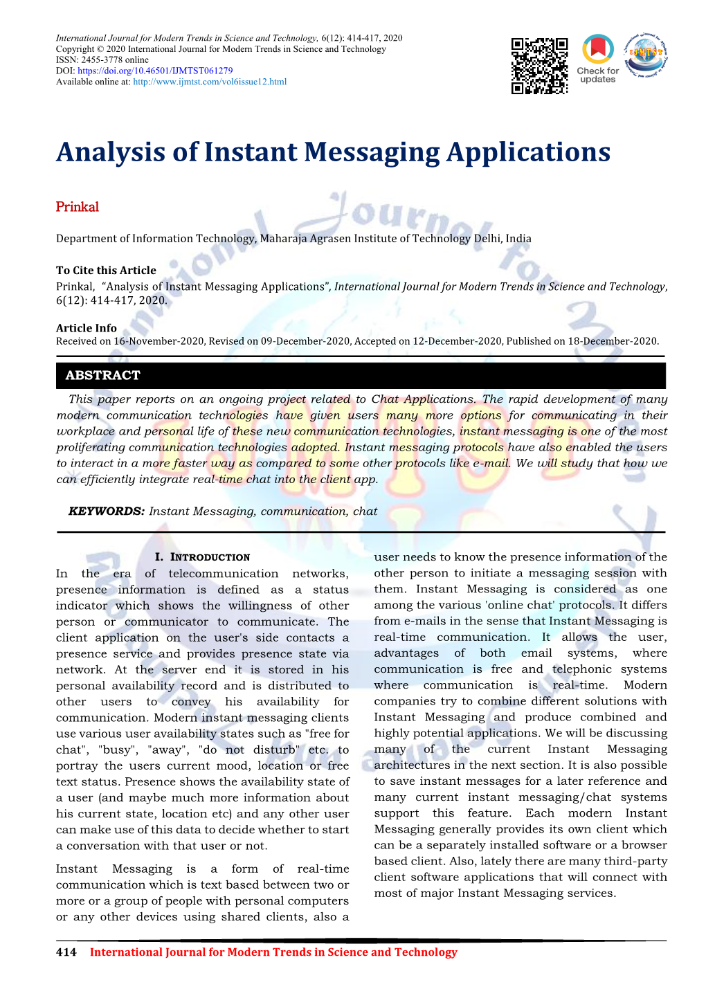Analysis of Instant Messaging Applications