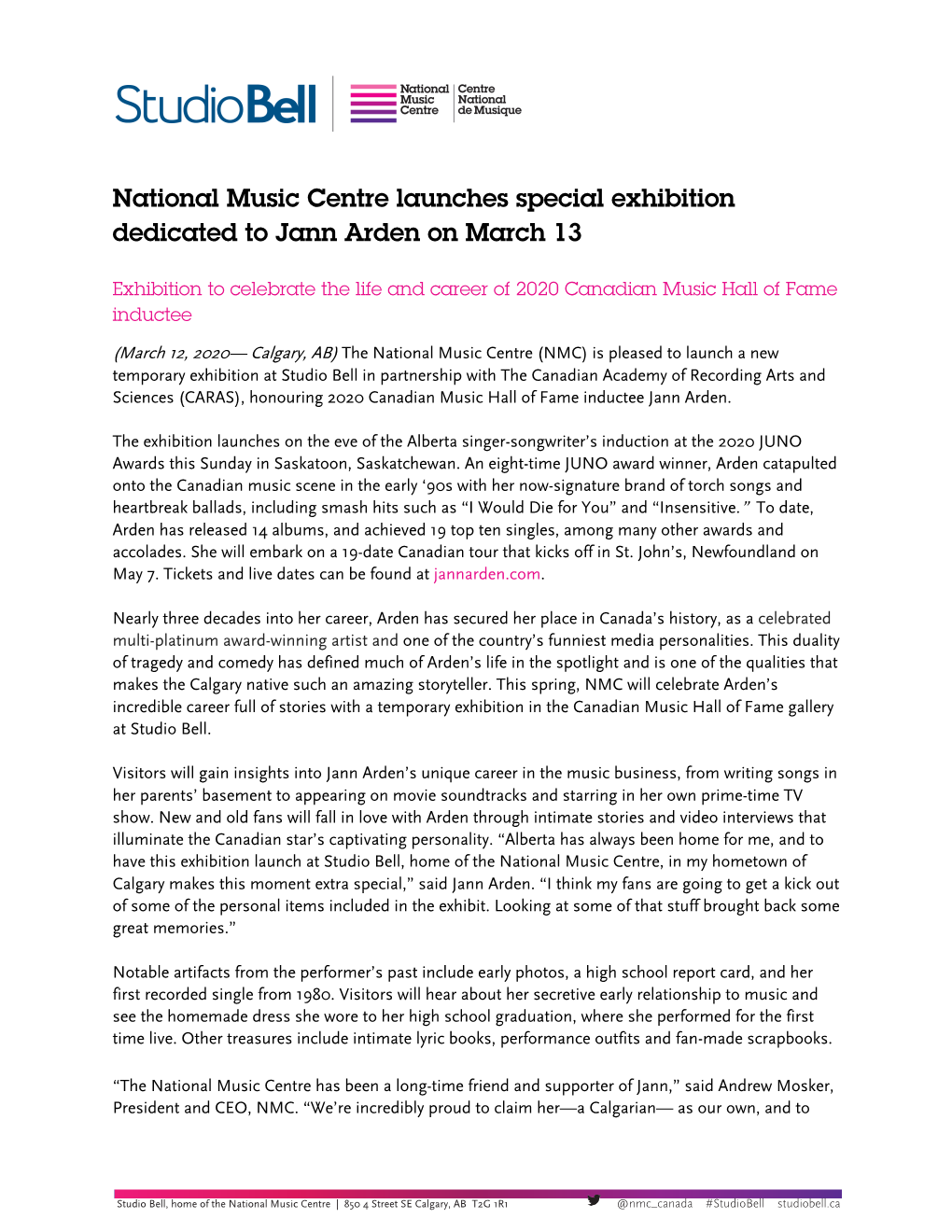 National Music Centre Launches Special Exhibition Dedicated to Jann Arden on March 13