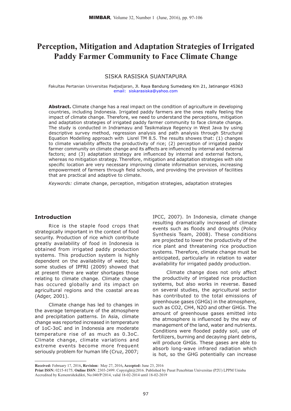 Perception, Mitigation and Adaptation Strategies of Irrigated Paddy Farmer Community to Face Climate Change