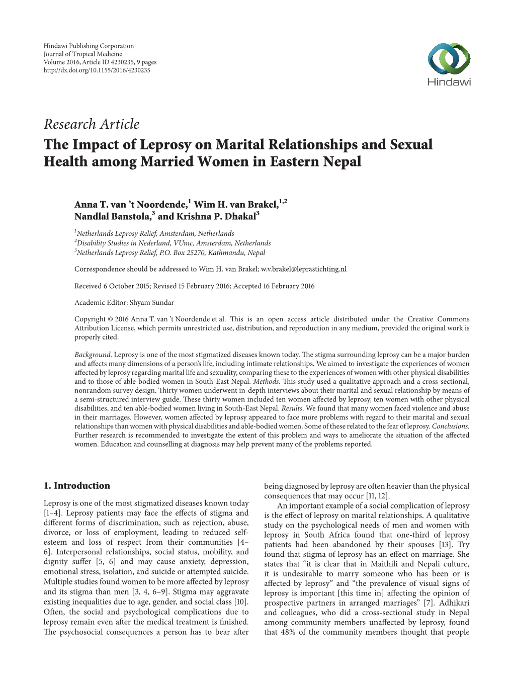 Research Article the Impact of Leprosy on Marital Relationships and Sexual Health Among Married Women in Eastern Nepal