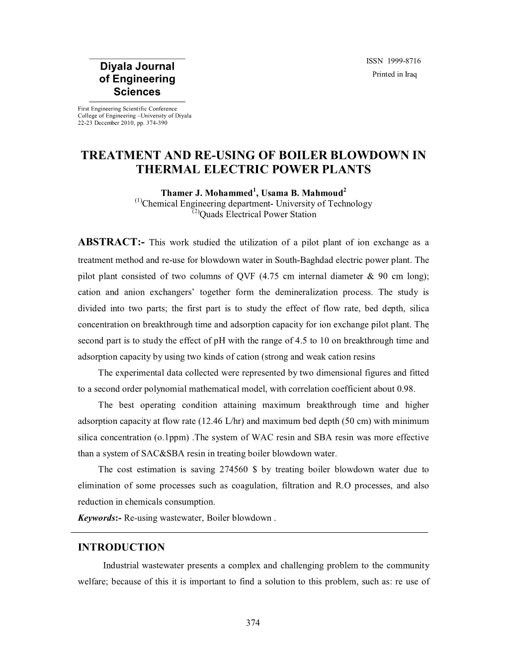 Treatment and Re-Using of Boiler Blowdown in Thermal Electric Power Plants