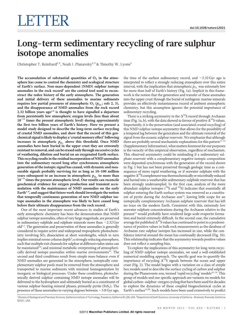 Long-Term Sedimentary Recycling of Rare Sulphur Isotope Anomalies