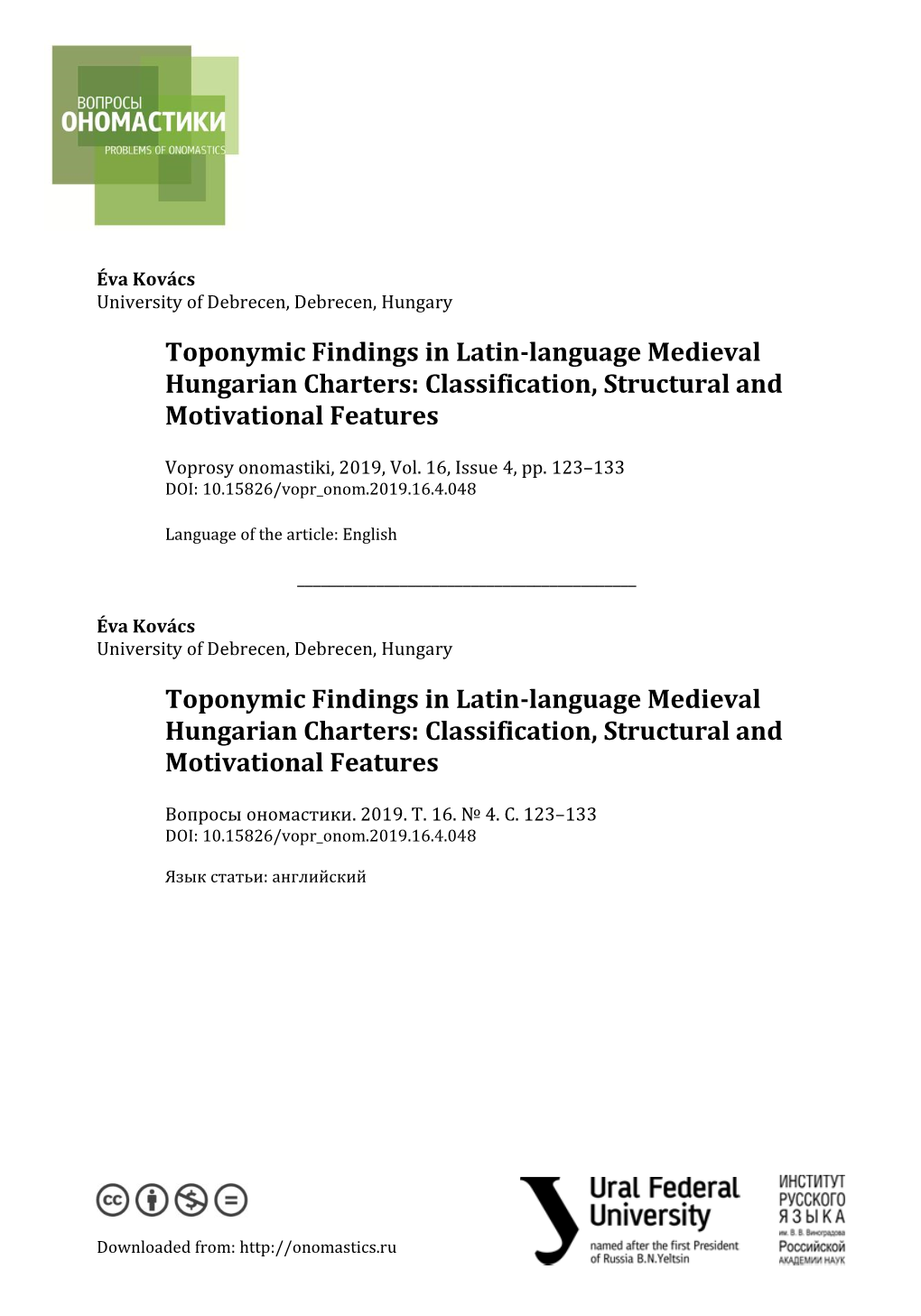 Toponymic Findings in Latin-Language Medieval Hungarian Charters: Classification, Structural and Motivational Features