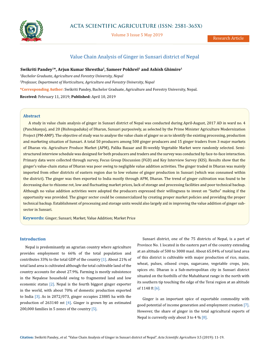 Value Chain Analysis of Ginger in Sunsari District of Nepal