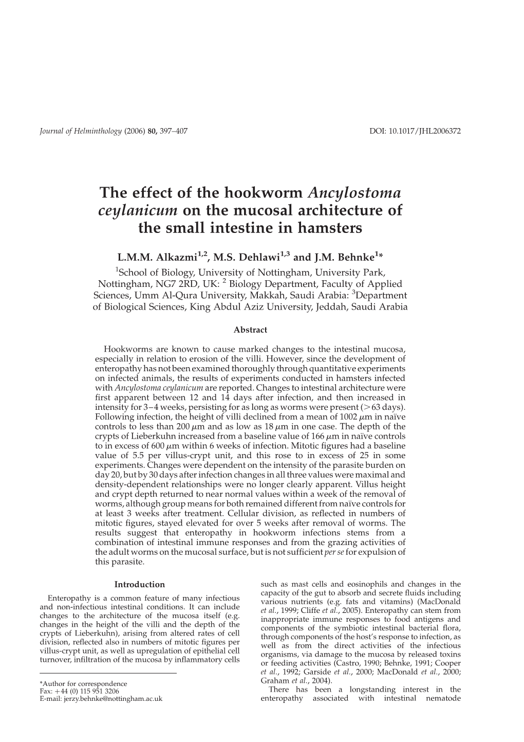 The Effect of the Hookworm Ancylostoma Ceylanicum on the Mucosal Architecture of the Small Intestine in Hamsters