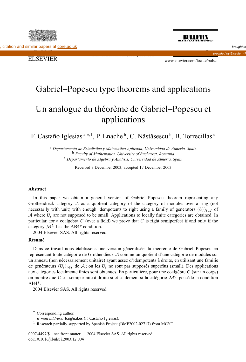 Gabriel–Popescu Type Theorems and Applications Un Analogue Du