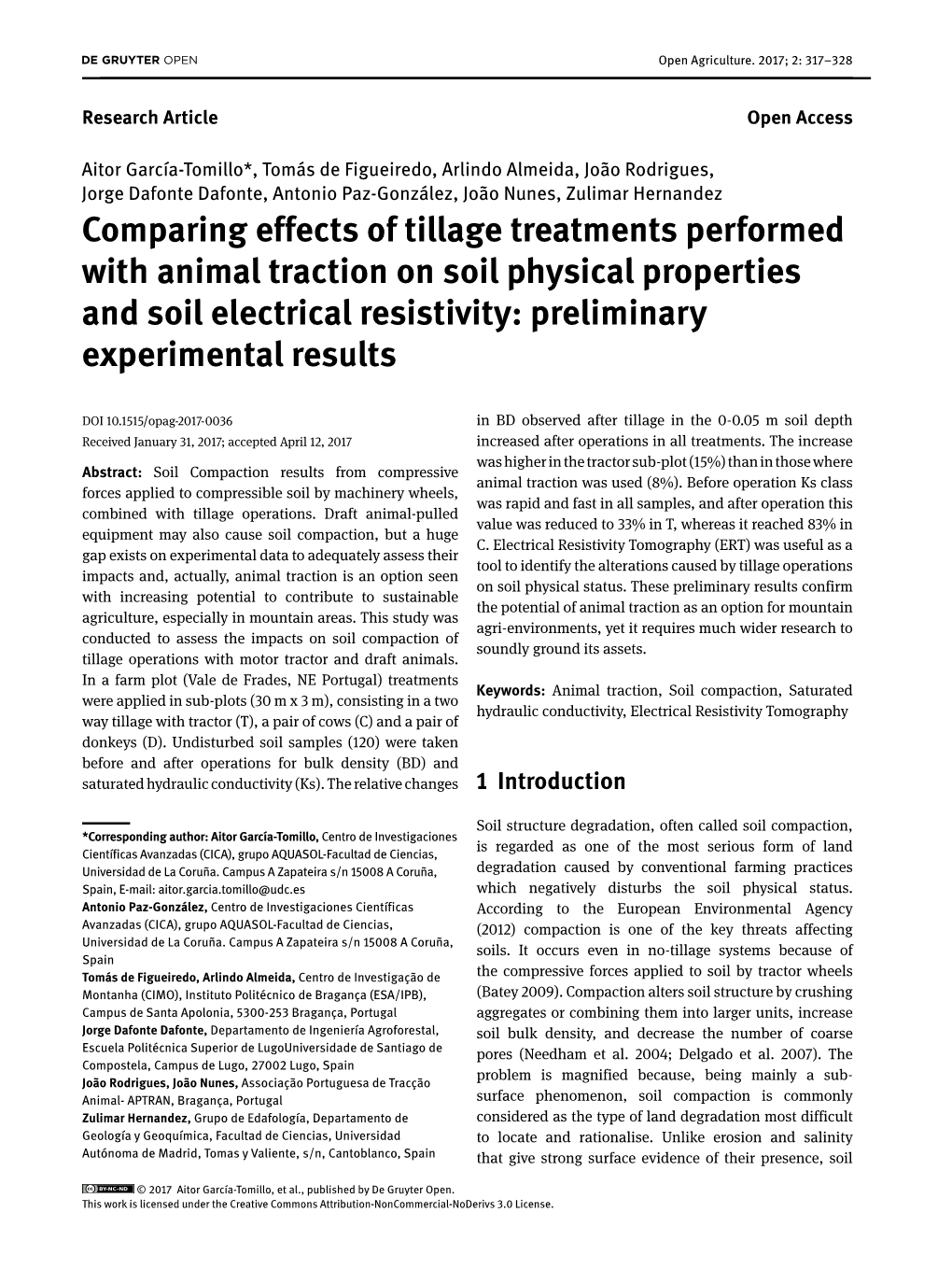 Comparing Effects of Tillage Treatments Performed with Animal Traction on Soil Physical Properties and Soil Electrical Resistivity: Preliminary Experimental Results