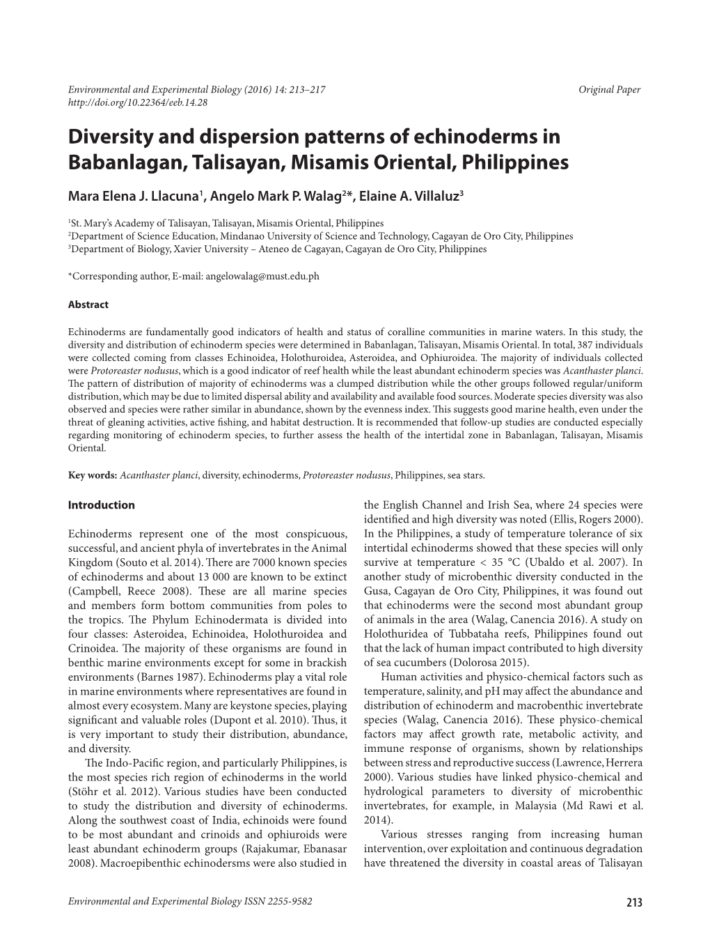 Diversity and Dispersion Patterns of Echinoderms in Babanlagan, Talisayan, Misamis Oriental, Philippines